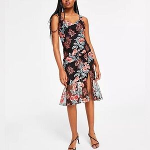 GUESS Embroidered Mesh Flounce Hem Bodycon Midi Dress Size 4 Sweetheart Black